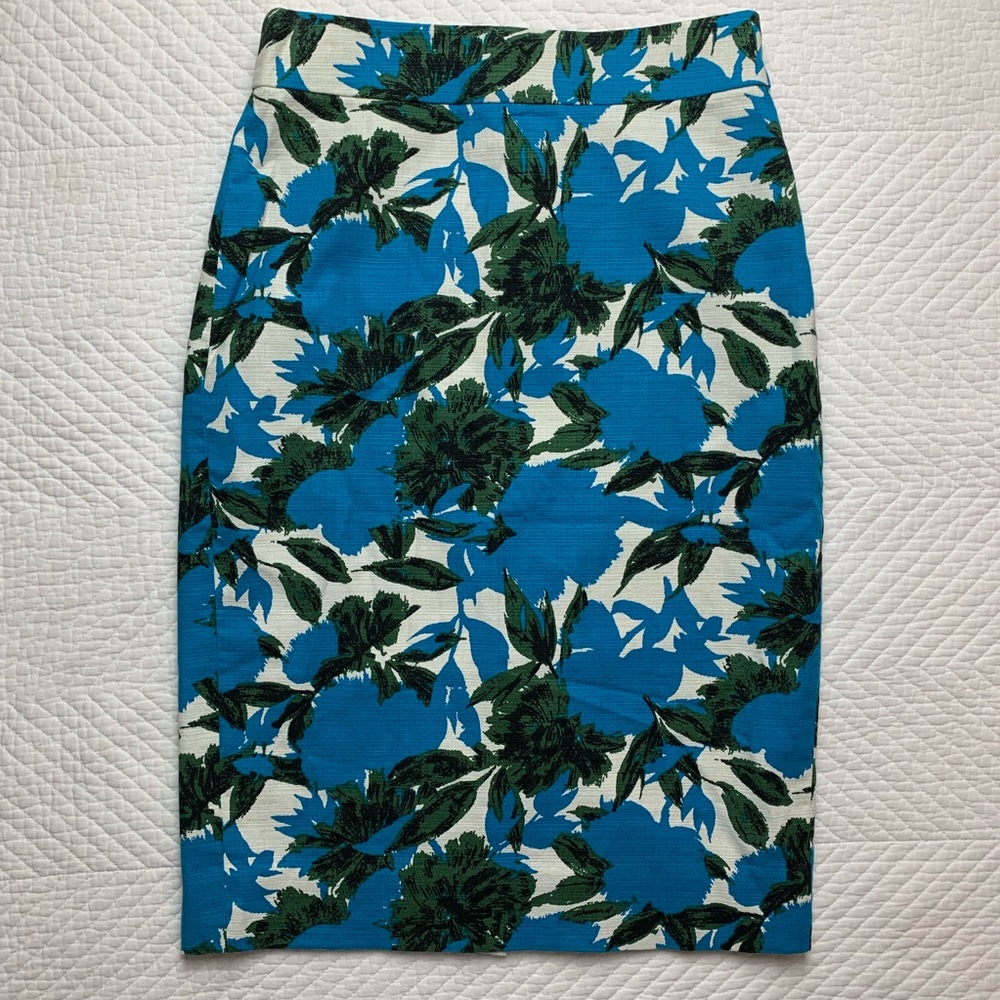 J. Crew Blue Green Palm Pattern Pencil Skirt 00 XS